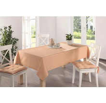 Esstisch mit einfarbiger Tischdecke und Stühlen mit Kissen