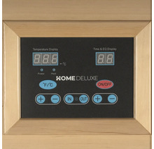Bedienfeld einer Home Deluxe Sauna mit Temperaturanzeige, Zeitanzeige und Steuerungselementen