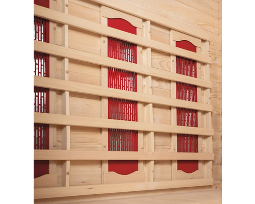 Infrarotkabine Innenraum mit Holzverkleidung und Infrarotstrahlern