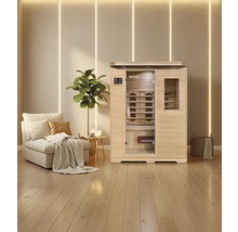 Infrarotsauna mit Sitzbank und Infrarotstrahlern in einem hellen Raum mit Holzboden