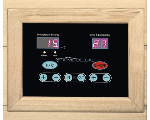 Bedienfeld einer Sauna mit Temperaturanzeige, Timer und Home Deluxe Logo