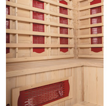 Innenansicht einer Sauna mit Holzverkleidung und Heizelementen