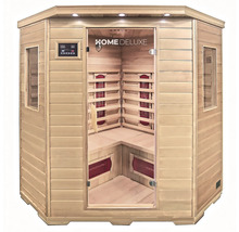 Infrarotsauna aus Holz mit Glaseingangstür und Bedienfeld