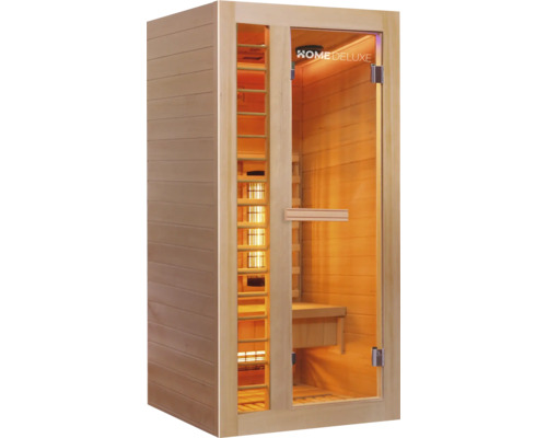 Infrarotsauna mit Glastür und Holzverkleidung.