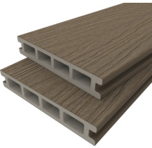 Zwei braune Terrassendielen aus WPC im Querschnitt
