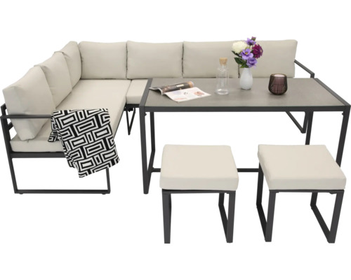 Gartensitzgruppe mit Ecksofa, Tisch und zwei Hockern