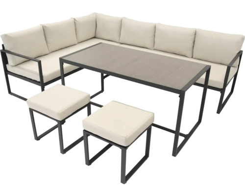 Gartensitzgruppe mit Ecksofa, Tisch und zwei Hockern