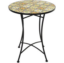 Runder Bistrotisch mit Mosaikfliesenmuster auf der Tischplatte und Metallgestell