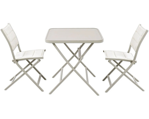 Gartentischgruppe mit zwei Klappstühlen und quadratischem Tisch