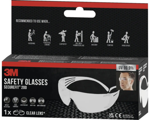 3M SecureFit 200 Schutzbrille im Karton, empfohlen für Gartenarbeit, Schleifen mit Elektrowerkzeugen, Zimmerarbeiten, Bohren mit Hammerbohren, Mauerarbeiten, Streichen und Heimwerkerarbeiten