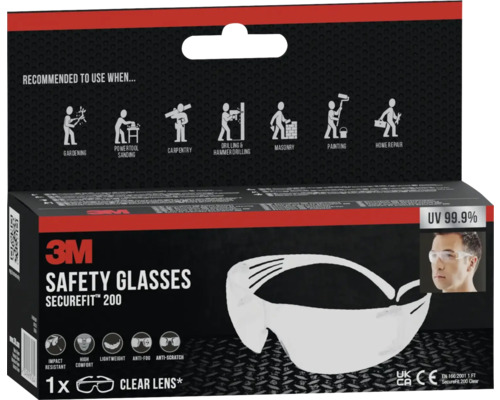 3M SecureFit 200 Schutzbrille im Karton, empfohlen für Gartenarbeit, Schleifen, Tischlerarbeiten, Bohren, Mauern, Malen und Heimwerken.