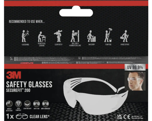3M Schutzbrille Securefit 200, empfohlen für Gartenarbeit, Schleifen mit Elektrowerkzeugen, Tischlerarbeiten, Bohren und Hammerbohren, Maurerarbeiten, Malen und Reparaturarbeiten