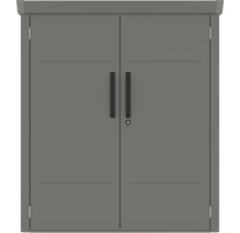 Grauer Geräteschrank mit zwei Türen und Griffen