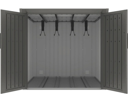 Offener Geräteschuppen mit Aufhängern