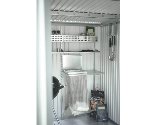 Mülltonnenbox Biohort - 72 x 45 x 16 cm grau Regalsystem im Gartenhaus mit Grill, Holzkohle und Grillwerkzeug
