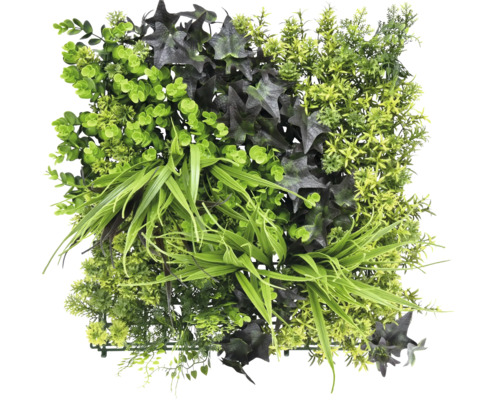 Künstliches Pflanzenpaneel mit verschiedenen grünen Pflanzenarten.