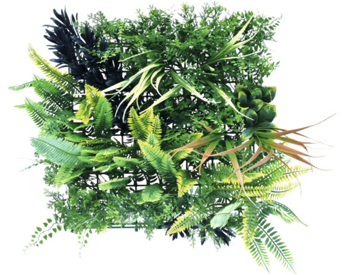 Künstliche Pflanzenwand mit verschiedenen Grüntönen und Blatttexturen.