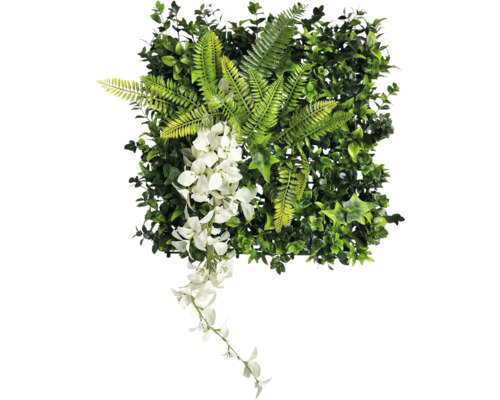 Künstliches Pflanzenpaneel mit Farn und weißen Blüten
