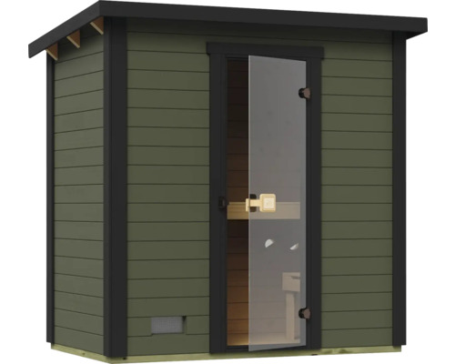 Sauna aus Holz mit Glastür