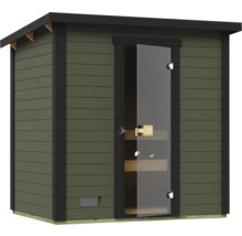 Sauna aus Holz mit Glastür und Regalen