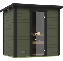 Moderne Gartensauna mit Glastür und Holzverkleidung