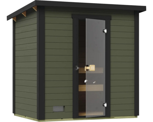 Moderne Gartensauna mit Glastür und Holzverkleidung