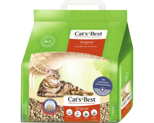 Katzenstreu Cats Best ÖkoPlus 20 Liter Eine Packung Cat's Best Original Katzenstreu mit dem Bild einer Katze darauf.