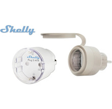 Shelly Logo und zwei Shelly Plug S MTR Steckdosen