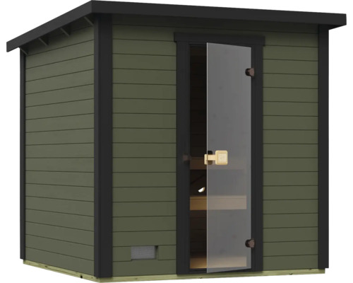 Gartensauna mit Glastür und Holzverkleidung