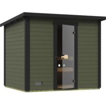 Moderne Gartensauna mit Glastür und Holzverkleidung