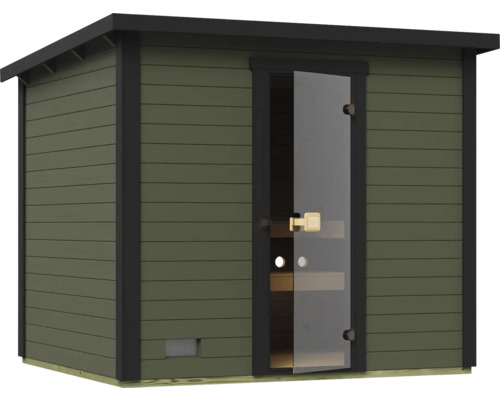 Sauna mit Holzwänden und Glastür