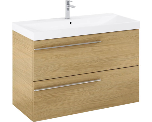Waschtischunterschrank mit zwei Schubladen, Holzstruktur und Aufsatzwaschbecken