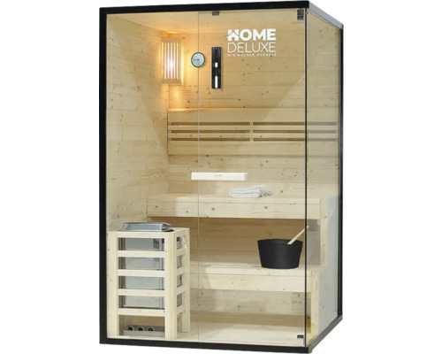 Holzsauna mit Glasfront, Bänken, Ofen und Zubehör