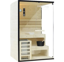Sauna mit Holzeinrichtung und Glastür