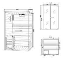Technische Zeichnung einer Sauna mit Maßangaben