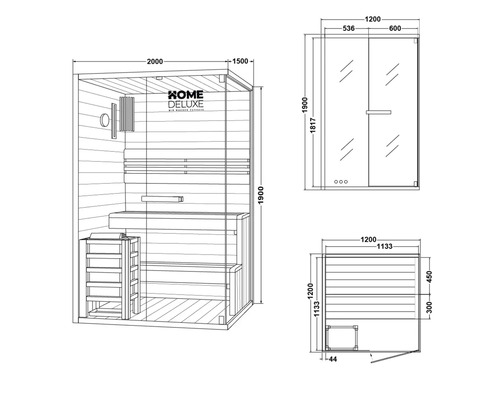 Technische Zeichnung einer Sauna mit Maßangaben