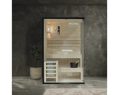 Massivholzsauna Home Deluxe Shadow M schwarz inkl. 3,6 kW u.integr. Steuerung mit großer Ganzglasfensterfront Finnische Sauna aus Holz mit Glasfront und Zubehör
