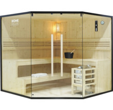 Sauna mit Holzbänken, Glaselementen und schwarzem Rahmen