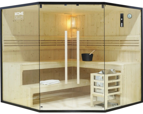 Sauna mit Holzbänken, Glaselementen und schwarzem Rahmen