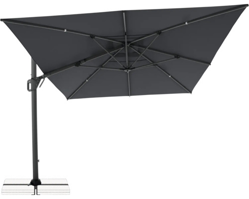 Rechteckiger Sonnenschirm mit seitlichem Mast und Fuß