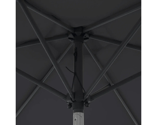 Ansicht von unten eines Sonnenschirms mit Streben und Mast