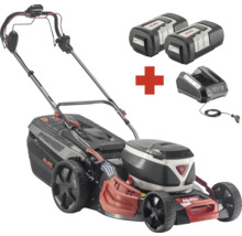 Akkurasenmäher mit zwei Akkus und Ladegerät