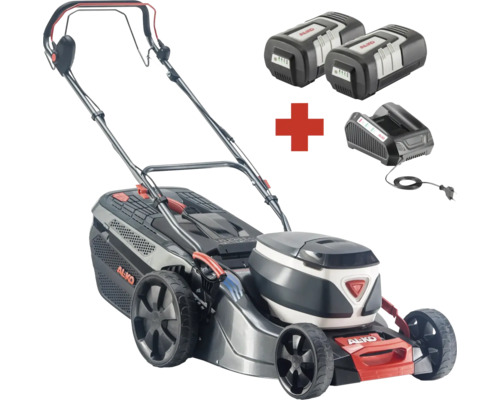 Akkurasenmäher mit Akkus und Ladegerät