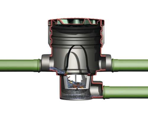 Regenwasserfilter GARANTIA für Unterirdische Tanks Schnittansicht eines Hofablaufs mit Laubkorb und Anschlussrohren