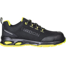 Schwarzer Ardon Sicherheitsschuh mit gelber Sohle und Schnürsenkeln