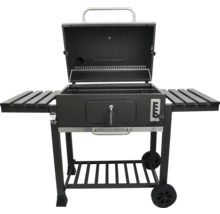Holzkohlegrill mit offenem Deckel und Ablageflächen