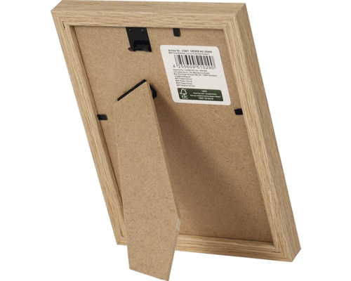 Rückansicht eines Holzfotorahmens mit Aufsteller