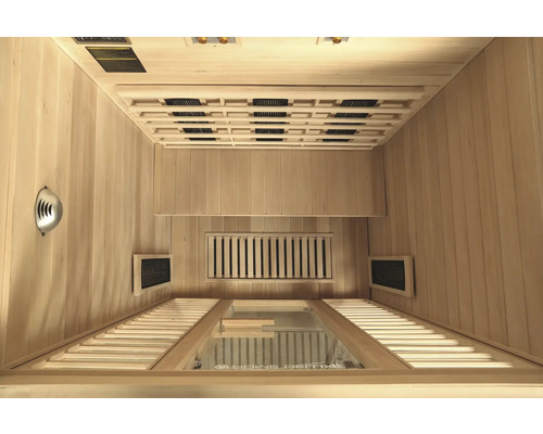 Innenraum einer Infrarotsauna mit Holzverkleidung und Glasfront