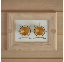 Sauna Bedienelement mit Drehreglern zur Einstellung von Lendenwirbel- und Halswirbelbereich