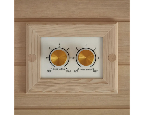 Sauna Bedienelement mit Drehreglern zur Einstellung von Lendenwirbel- und Halswirbelbereich